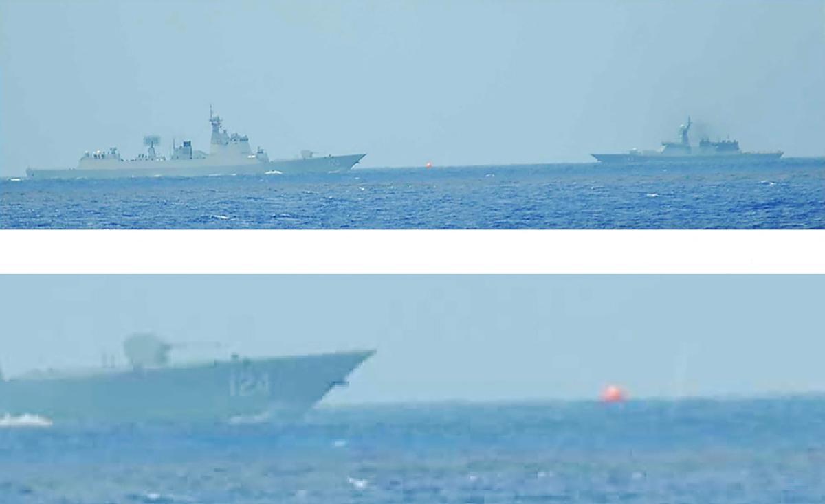 In this handout photo combination released by the Japanese Ministry of Defence on July 21, 2026, a Chinese Navy Luyang III-class guided-missile destroyer (L) and a Russian Navy Steregushchiy-class frigate conduct live-fire training exercises within Japan's exclusive economic zone (EEZ) according to the defence ministry. (Photo by Handout / various sources / AFP) / Japan OUT