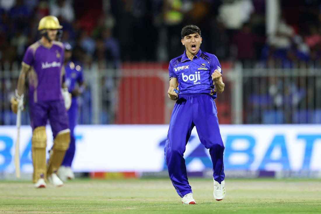 Muhammad Rohid of MI Emirates celebrates the wicket of Brandon McMullen of Abu Dhabi Knight Riders during the Qualifier 2 of the DP World ILT20 at Sharjah Cricket Stadium in January. (CREIMAS / ILT20)