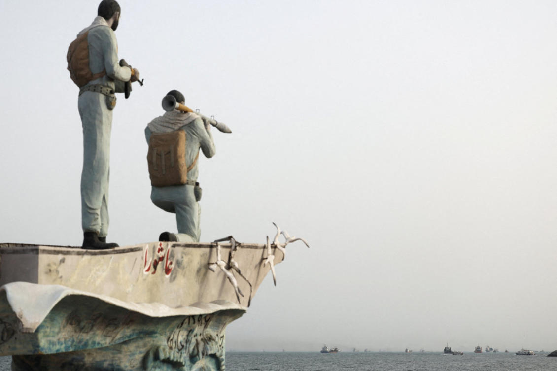 File photo showing a statue of Iranian soldiers guarding the Strait of Hormuz near the beach of Bandar Abbas, Iran. (West Asia News Agency via Reuters)