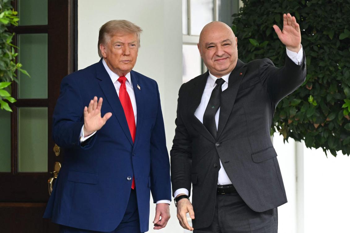 US President Donald Trump greets Lebanese President Joseph Aoun at the entrance to the West Wing of the White House in Washington, DC. (File/AFP)