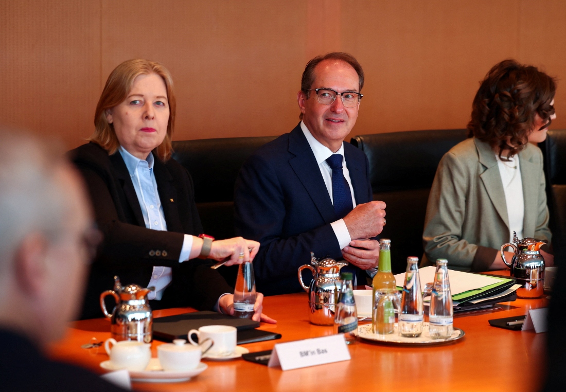 German Labour Minister Baerbel Bas and German Interior Minister Alexander Dobrindt react at a cabinet meeting at the Chancellery in Berlin, Germany. (Reuters)