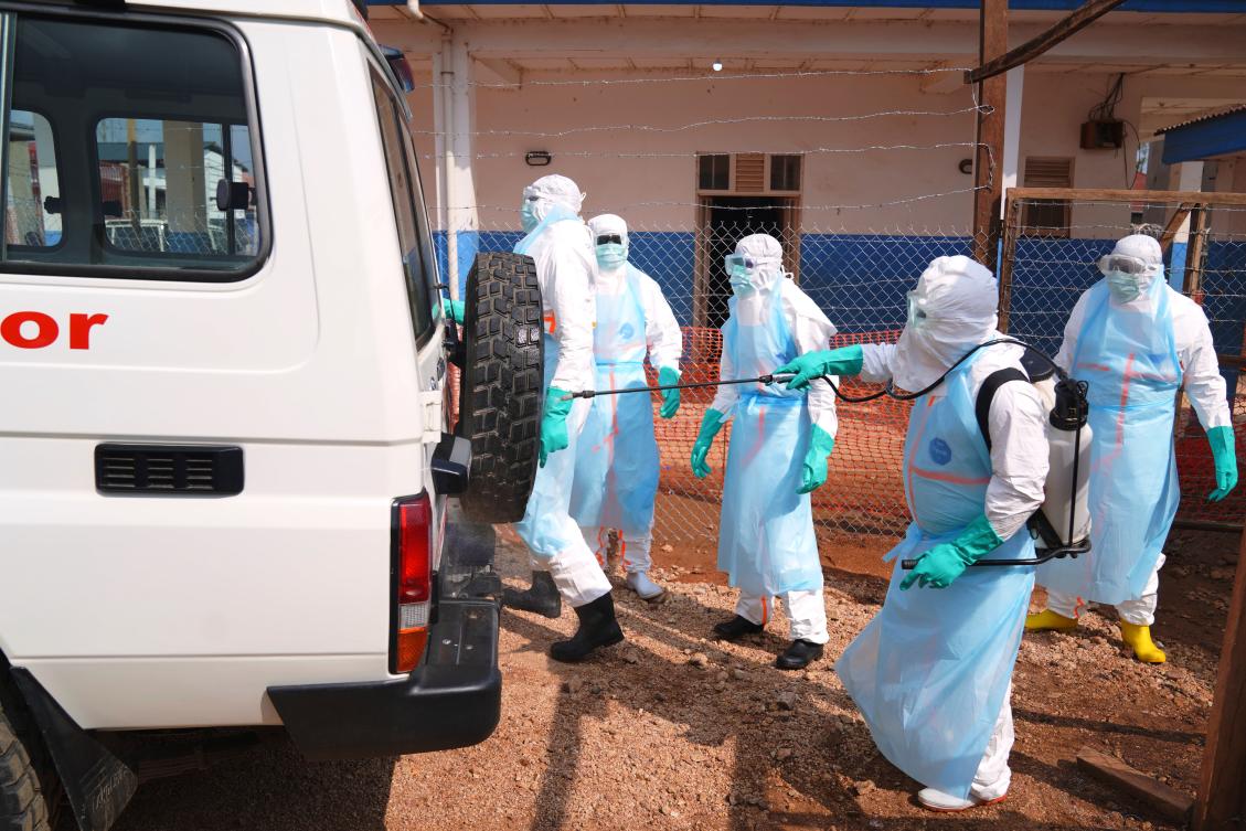 Health workers disinfects an ambulance at Ebola Treatment Center at Bunia General Hospital in Ituri, Congo, Jul. 22, 2026. (AP)