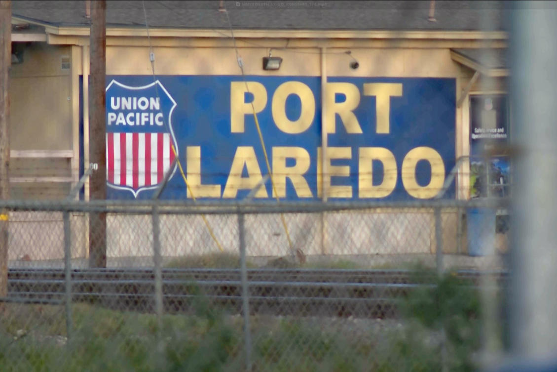 In this image taken from video footage provided by KGNS, Union Pacific signage is displayed at a rail yard in Laredo, Texas, May 10, 2026. (AP/File)