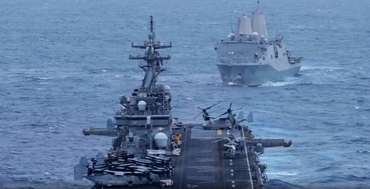 Screen grab from US military video shows US Navy ships maneuvering in waters off Oman as they enforce a blockade of Iranian ports. (X: @Centcom)