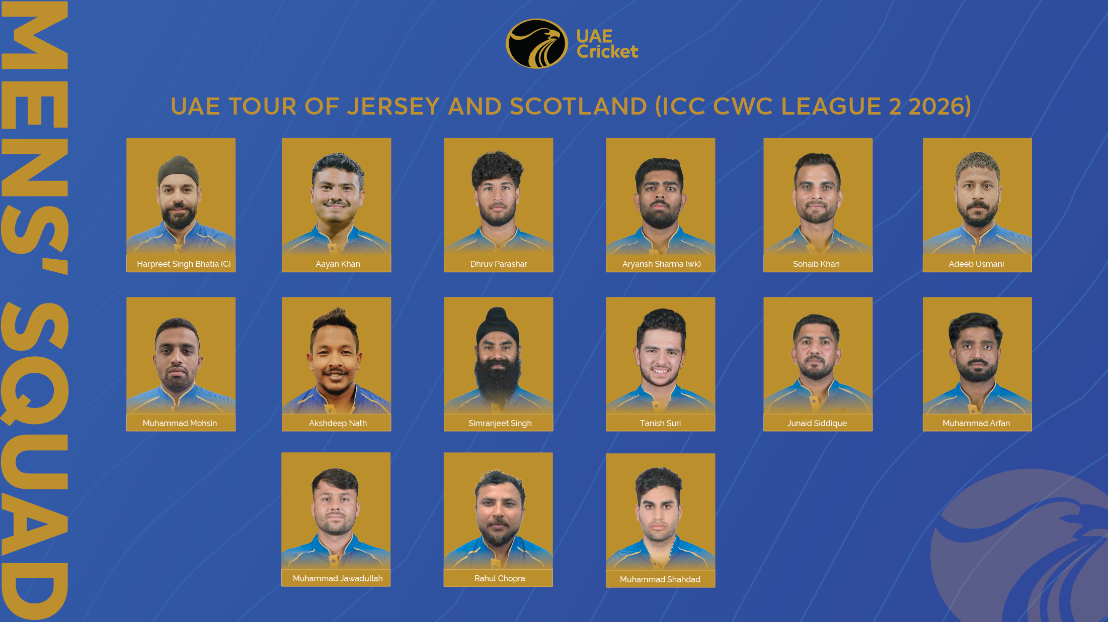 The UAE squad for the ICC CWC League 2 Tri-Series – Scotland 2026. (SUPPLIED)