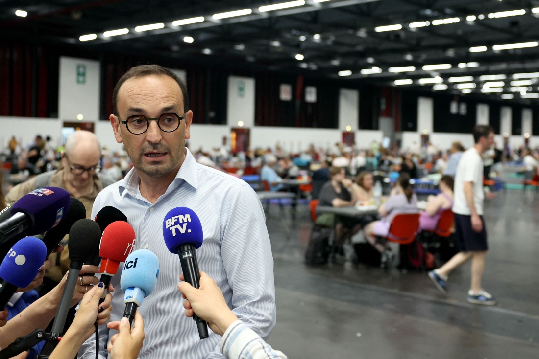 Mayor of Bordeaux Thomas Cazenave speaks to the journalists at the Parc des Expositions de Bordeaux, France. (AFP)
