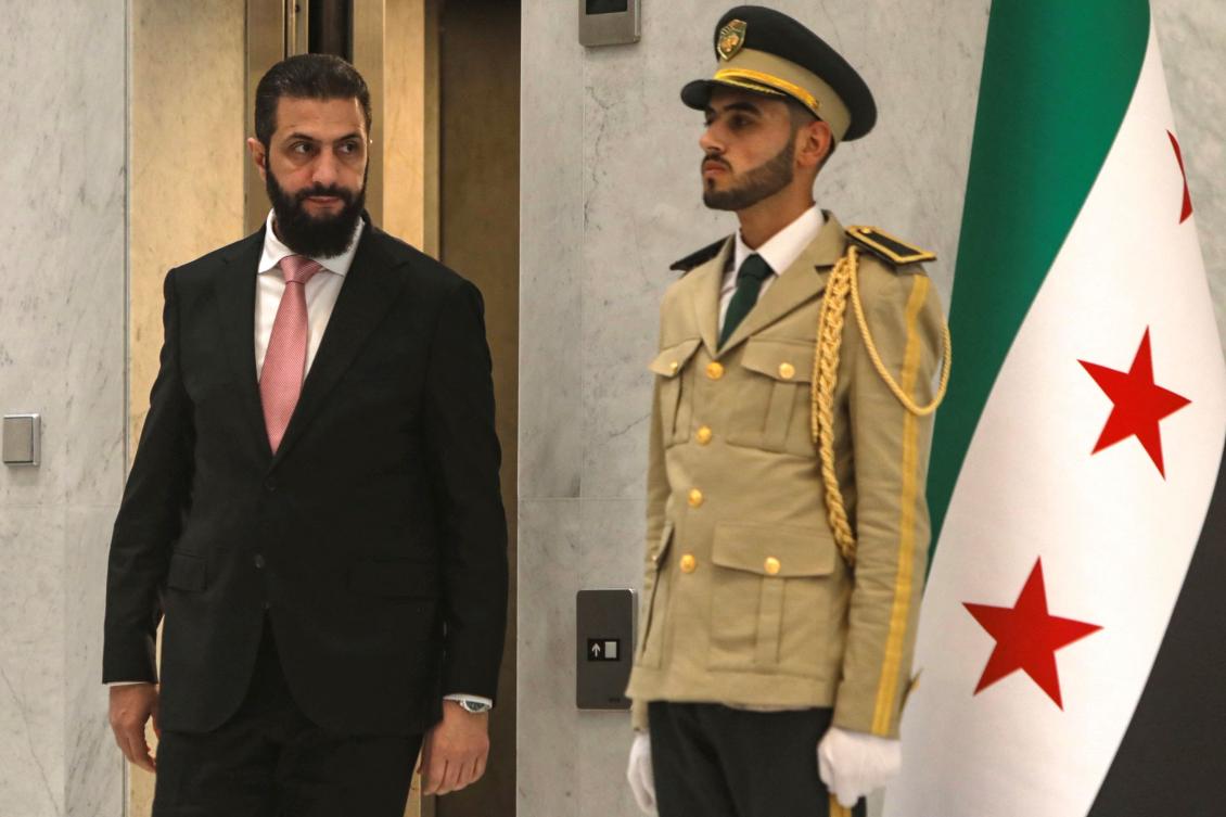 Syria’s President Ahmed Al-Sharaa (L) arrives to receive UN Secretary-General Antonio Guterres at the People’s Palace in Damascus on July 25, 2026. (AFP)