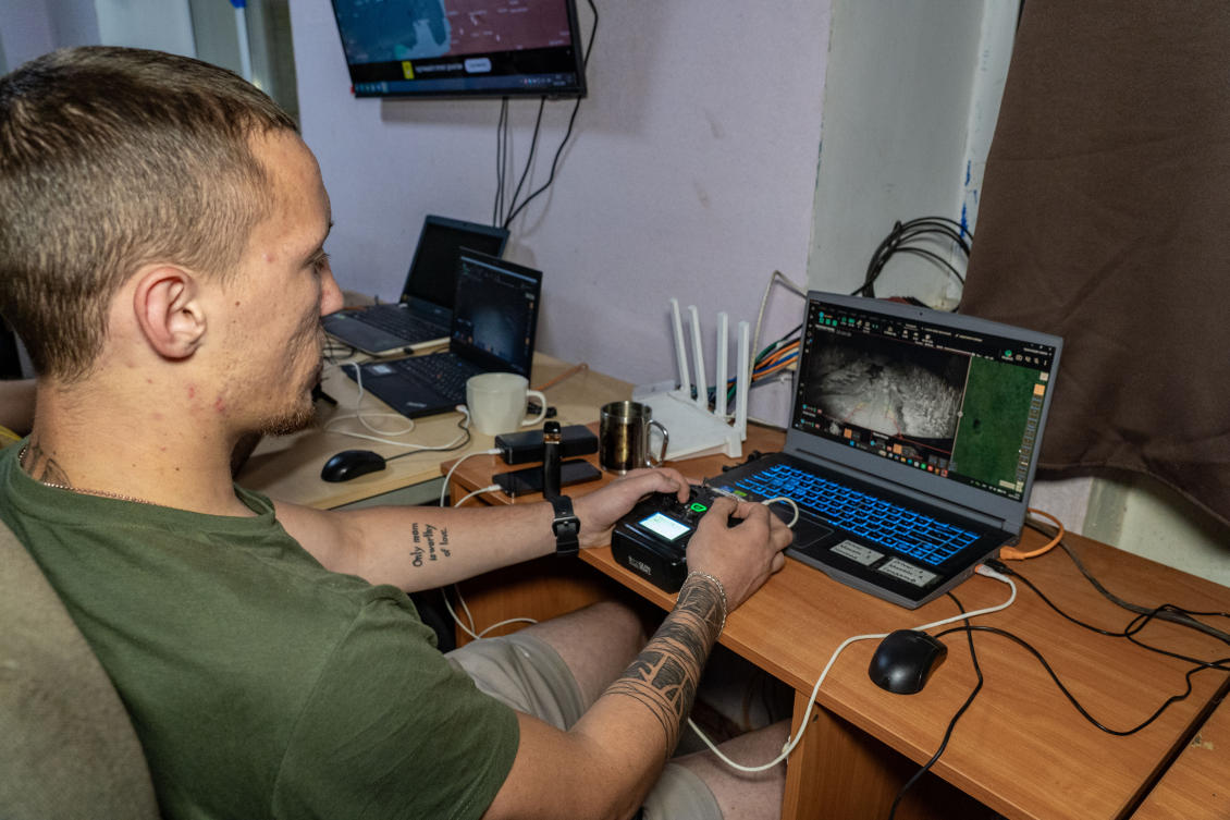 Above, a Ukrainian soldier of Khartia brigade controls a ground drone during a mission in Kharkiv region on July 25, 2026. (AP)