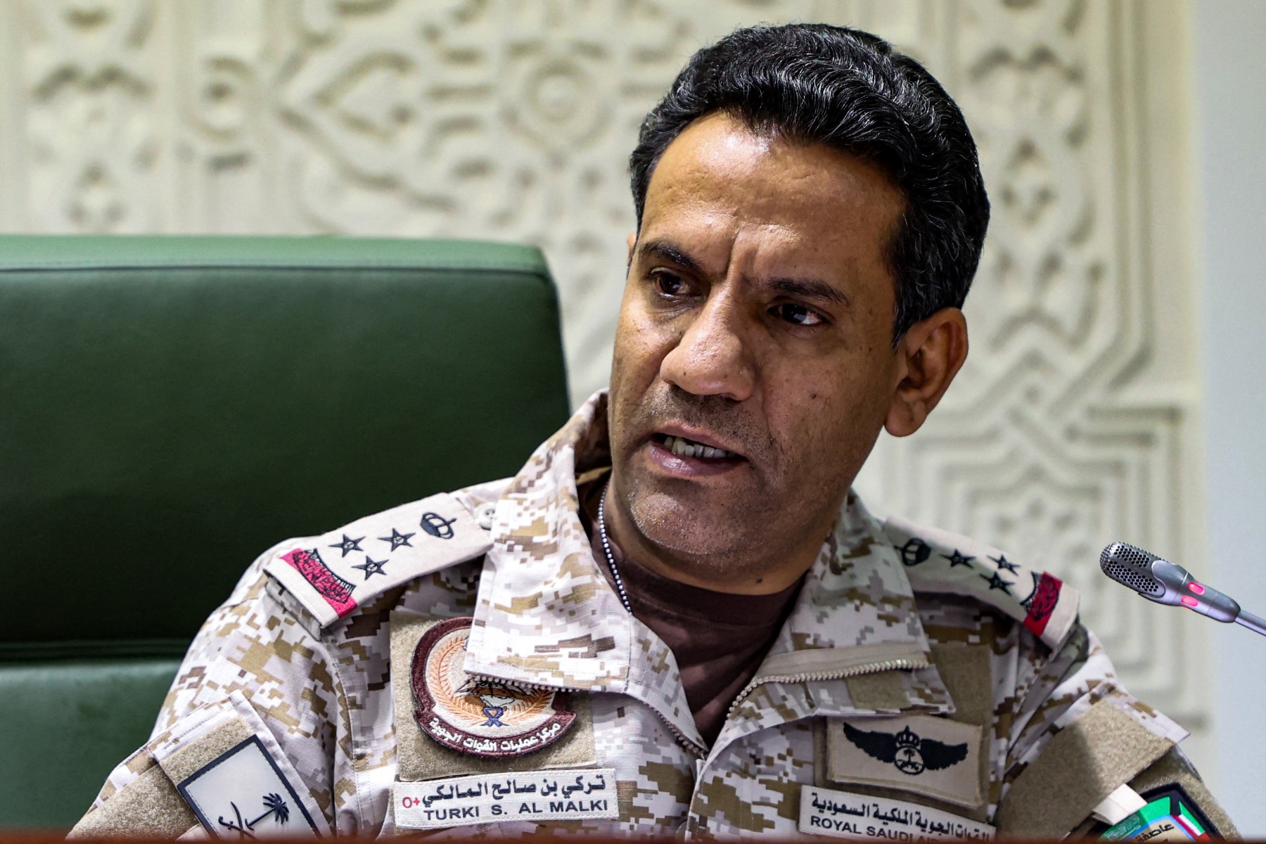 Colonel Turki al-Maliki speaks during a press conference in the capital Riyadh on March 22, 2021. (AFP)