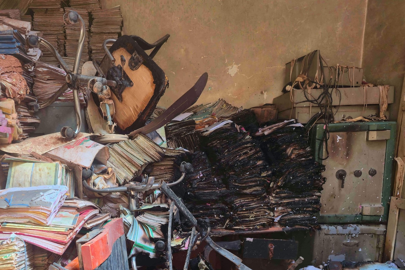 Photograph shows the burnt interiors of the Agricultural Bank of Sudan after it was reportedly targeted by the Rapid Support Forces in El-Obeid on July 27, 2026. (AFP)