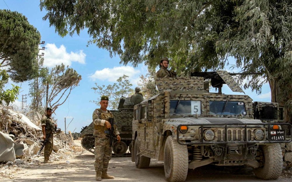 Lebanese army soldiers patrol the village of Zawtar Al-Gharbiyeh in southern Lebanon, July 26, 2026. (AFP)
