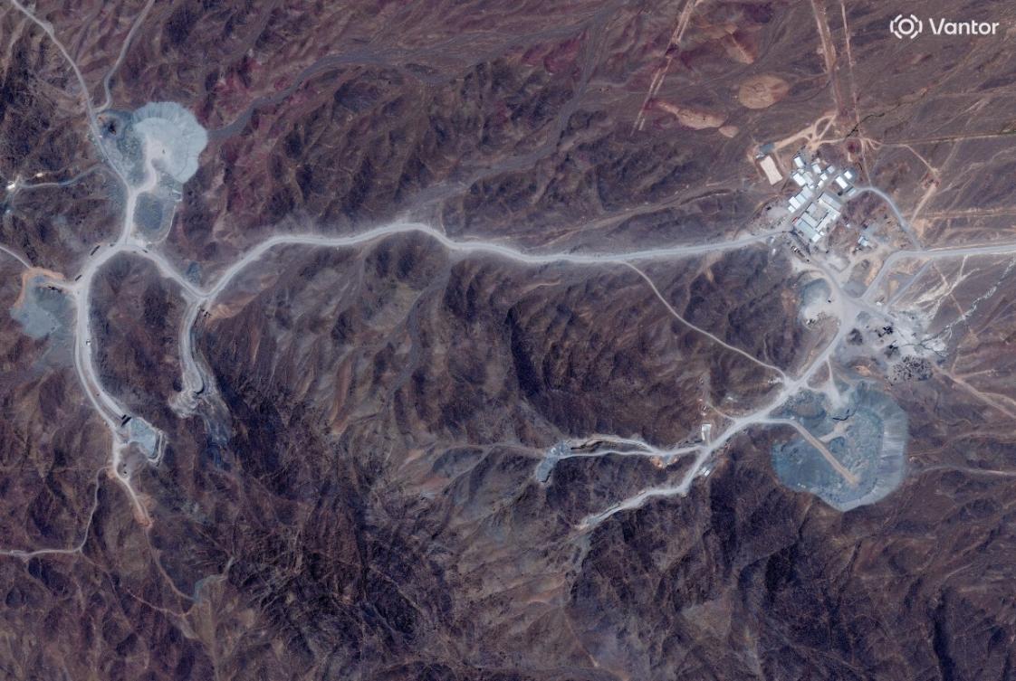 This handout satellite image courtesy of Vantor shows an overview of the Pickaxe Mountain tunnel complex adjacent to the Natanz Nuclear Facility near Natanz, Isfahan province, central Iran, on June 30, 2026. (Vantor/AFP)