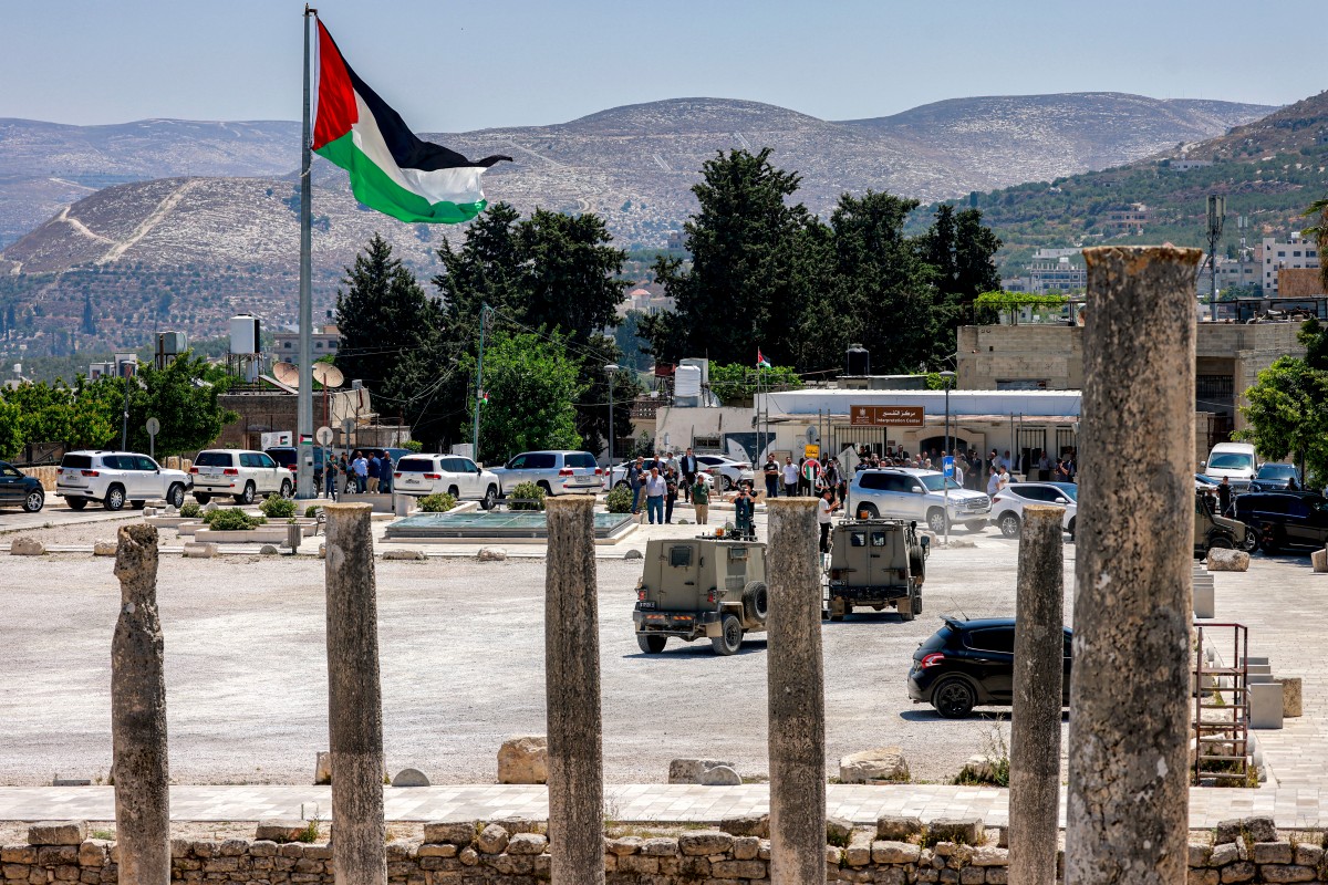 Israeli army vehicles are pictured during an official visit by a group of foreign diplomats accredited by the Palestinian Authority at the archaeological site of Sebastia, north of Nablus in the occupied West Bank, Jun. 29, 2026. (AFP / File)