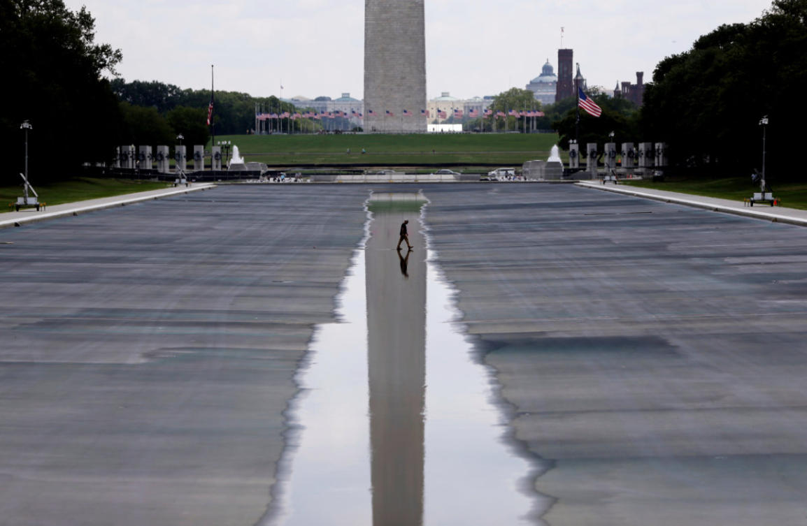 The Washington Monument is seen in the background of the now drained Lincoln Memorial Reflecting Pool on July 29, 2026, in Washington. (AP Photo/Rahmat Gul)