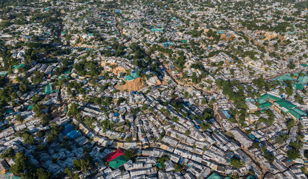 An aerial view of a Rohingya refugee camp in Cox's Bazar, Bangladesh, Nov. 25, 2025. (AP)