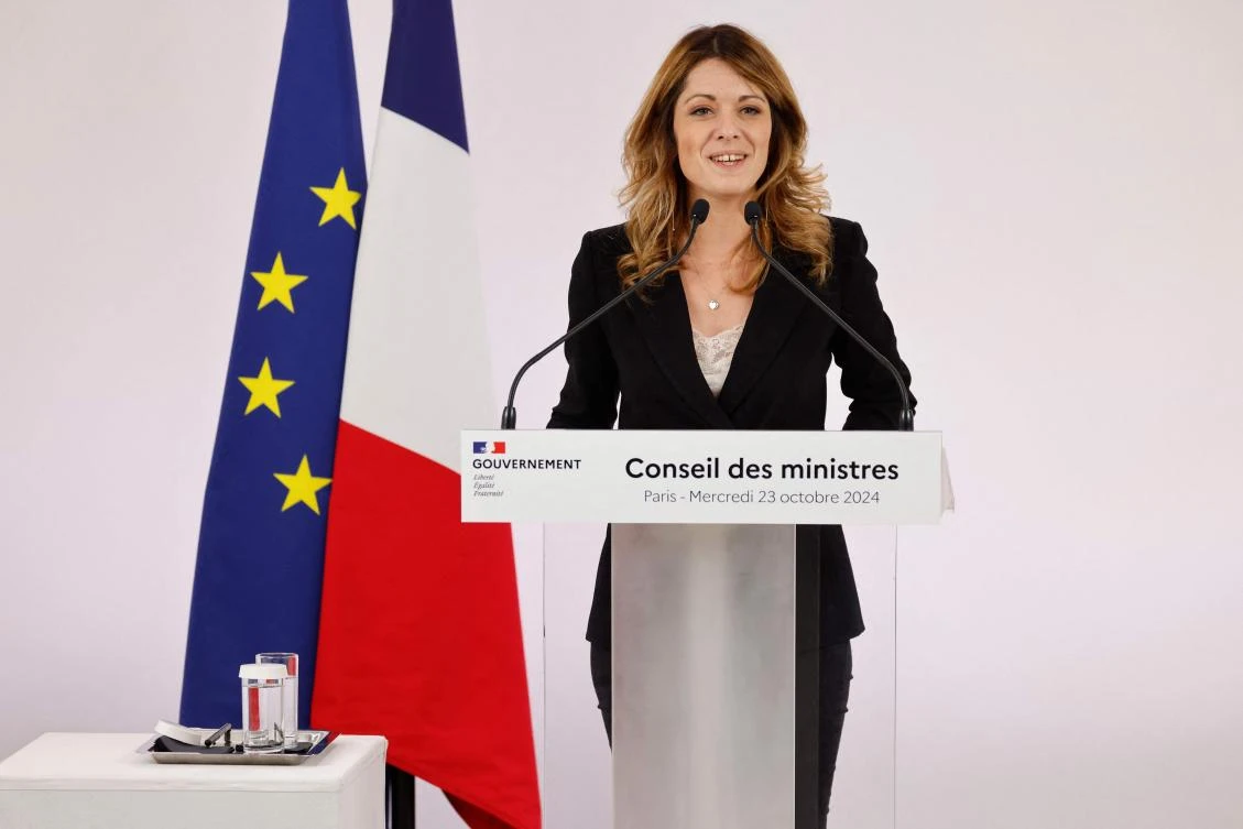 French government's spokesperson Maud Bregeon holds a press conference following the weekly cabinet meeting, at the Segur building in Paris, on October 23, 2024. (AFP)
