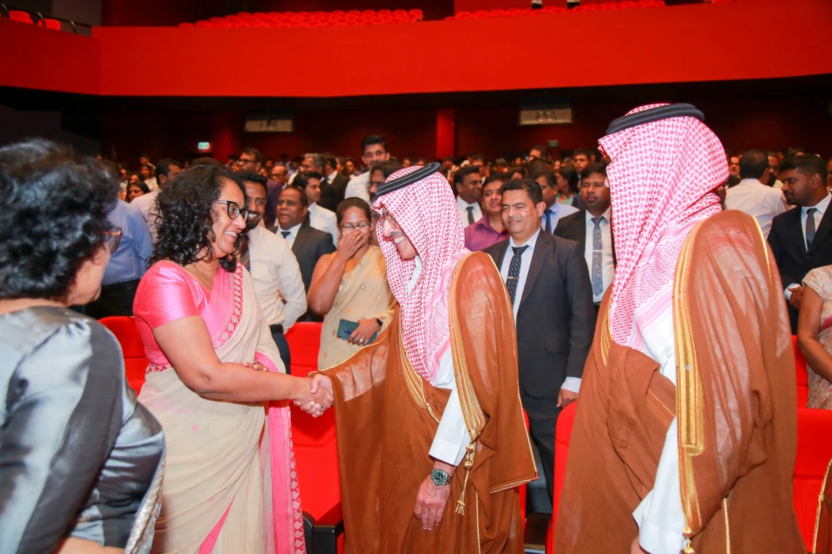 Sri Lankan Prime Minister Harini Amarasuriya greets the Saudi Fund for Development Deputy Chief Executive Officer Faisal Al-Kahtani during an inauguration ceremony of the Faculty of Medicine at the Sabaragamuwa University on July 4, 2026. (Prime Minister's Office)