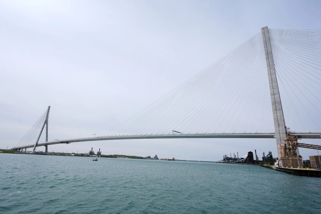 The Gordie Howe Bridge is shown under construction between Windsor, Ontario and Detroit, US. (AP)