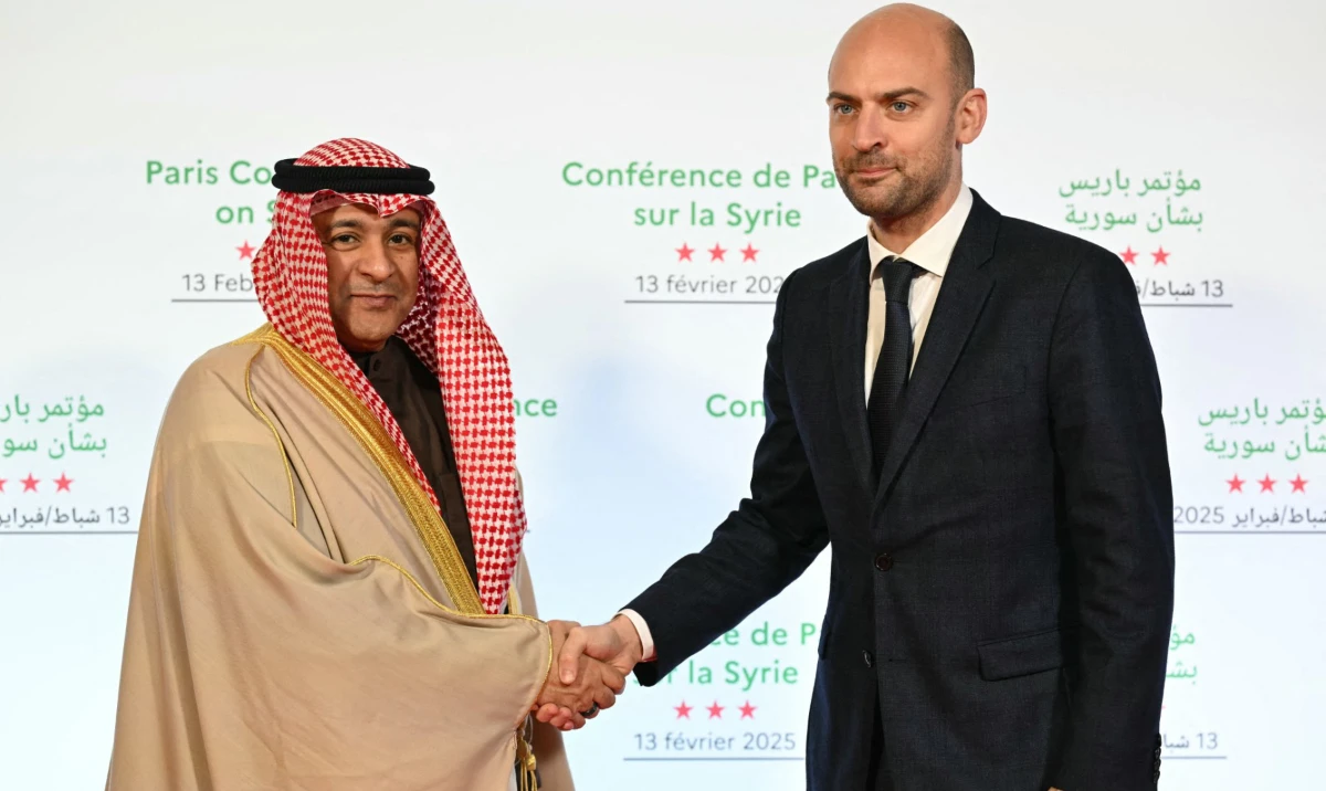 GCC Secretary-General Jasem Mohamed Al-Budaiwi (L) with France's Minister for Europe and Foreign Affairs Jean-Noel Barrot. (AFP)