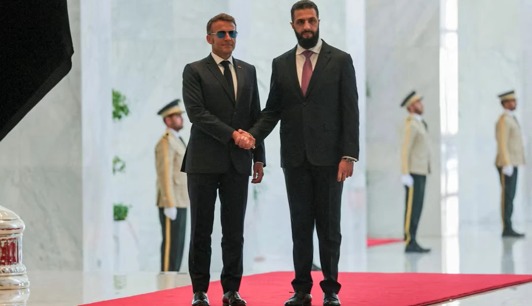 Emmanuel Macron meets Syrian President Ahmed Al-Sharaa at the People’s Palace in Damascus, Syria, July 7, 2026. (Reuters)