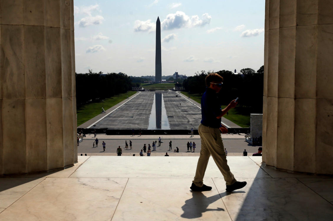 The Washington Monument is seen in the background of the now drained Lincoln Memorial Reflecting Pool on July 29, 2026, in Washington. (AP Photo/Rahmat Gul)