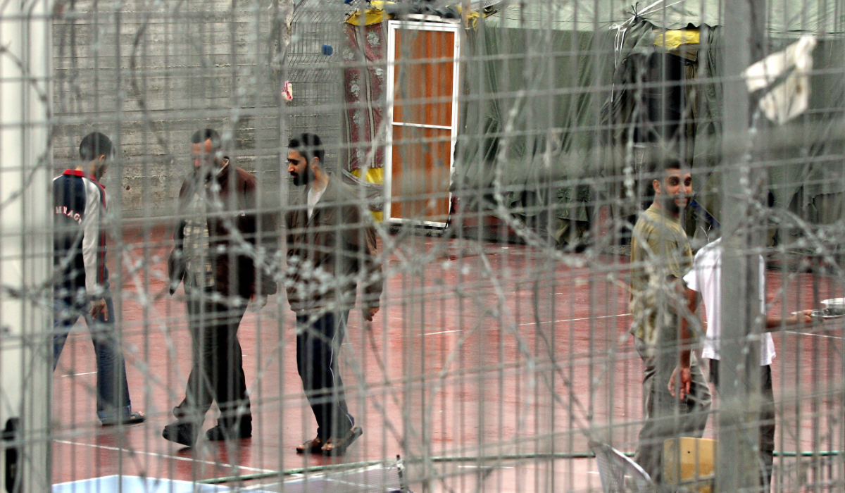 Palestinian prisoners walk at the yard of Megiddo prison in northern Israel. (AFP file photo)