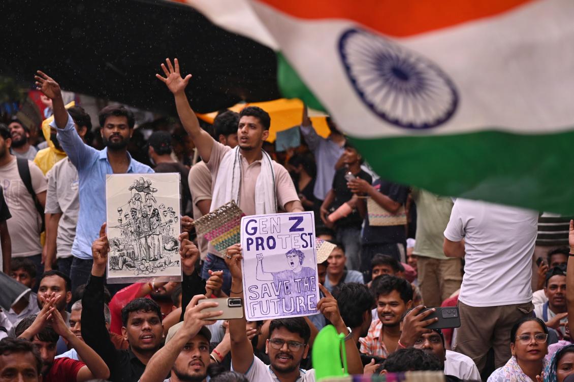 FILE- Protesters raise slogans during a demonstration demanding educational reforms as part of the Cockroach Janta Party's ongoing protest movement in New Delhi, India, Friday, July 24, 2026. (AP Photo/Vipin, File)