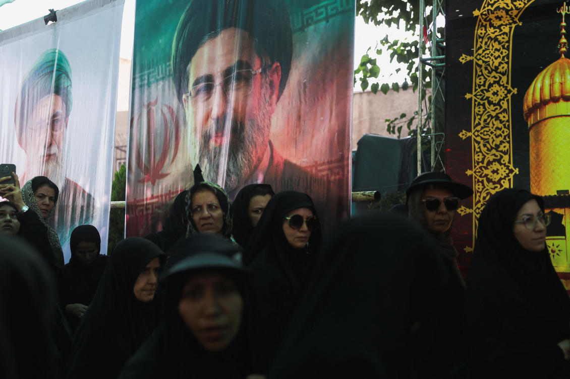 Banners depicting Iran's late Supreme Leader Ayatollah Ali Khamenei and Iran's Supreme Leader Mojtaba Khamenei hang during the Arbaeen rally in Tehran, Iran. (File/Reuters)