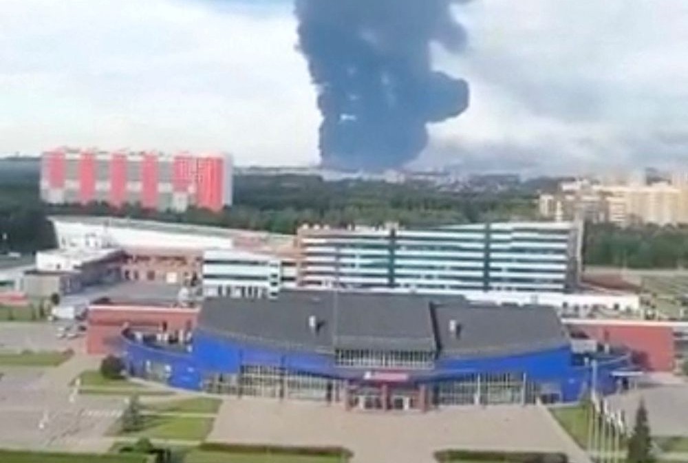 Smoke rises after a Ukrainian drone attack on an oil refinery, as per the regional governor, in the course of the Russia-Ukraine conflict, in Yaroslavl, Yaroslavl Region, Russia, August 6, 2026, in this still image obtained from a social media video. (Reuters)