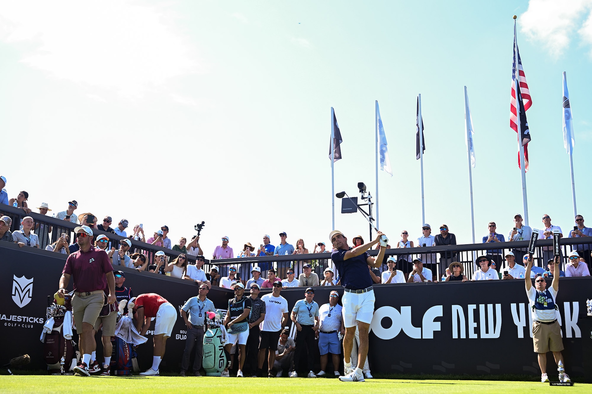 Torque captain Joaquín Niemann of Torque GC on the first tee during the second round of LIV Golf New York at Trump National Golf Club on Friday in Bedminster, New