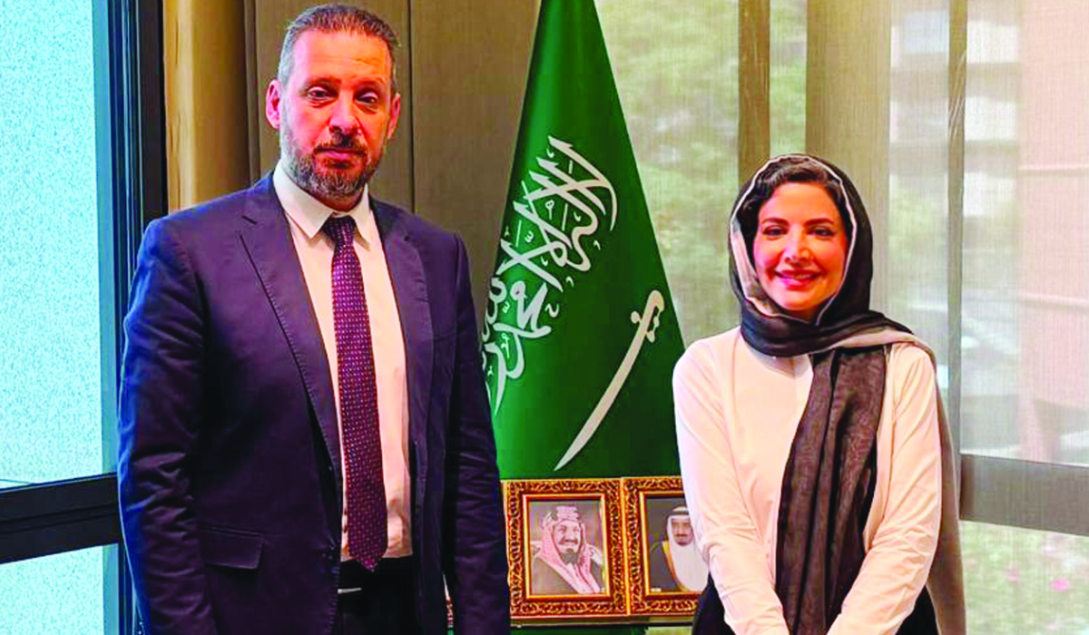 Princess Haifa Al-Mogrin (R) and Fadi Al-Husseini at the Saudi Embassy in Madrid. (Supplied)
