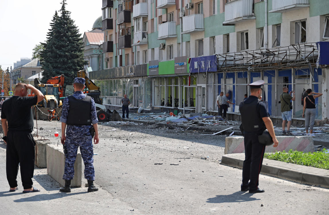 A building damaged during a Ukrainian overnight drone attack, according to local authorities, in central Belgorod, Russia, August 9, 2026. (Reuters)