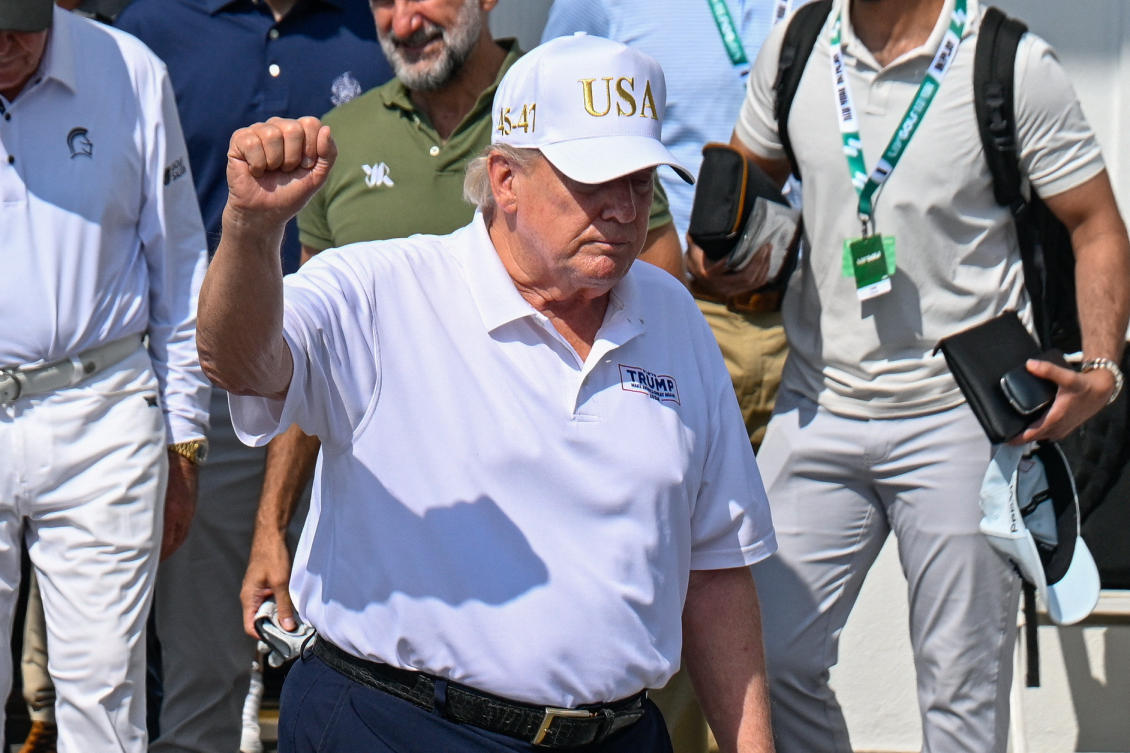 President Donald Trump at the LIV Golf New York tournament on Sunday. (Reuters/Dennis Schneidler-Imagn Images)
