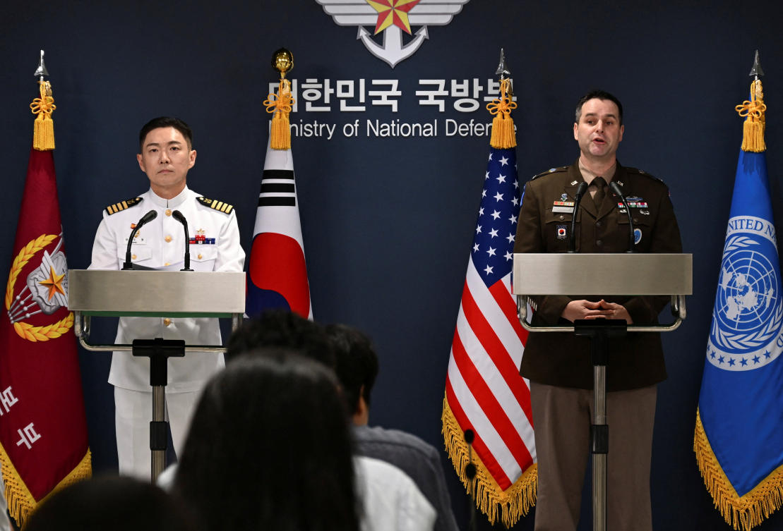 Col. Jang Do-young public affairs director of South Korea's Joint Chiefs of Staff and Col. Ryan Donald public affairs director of the United Nations Command (UNC), Combined Forces Command (CFC), and United States Forces Korea (USFK) attend the press briefing for the Ulchi Freedom Shield 2026 exercise at the Defense Ministry on August 10, 2026 in Seoul, South Korea. Song Kyung-Seok/Pool via REUTERS
