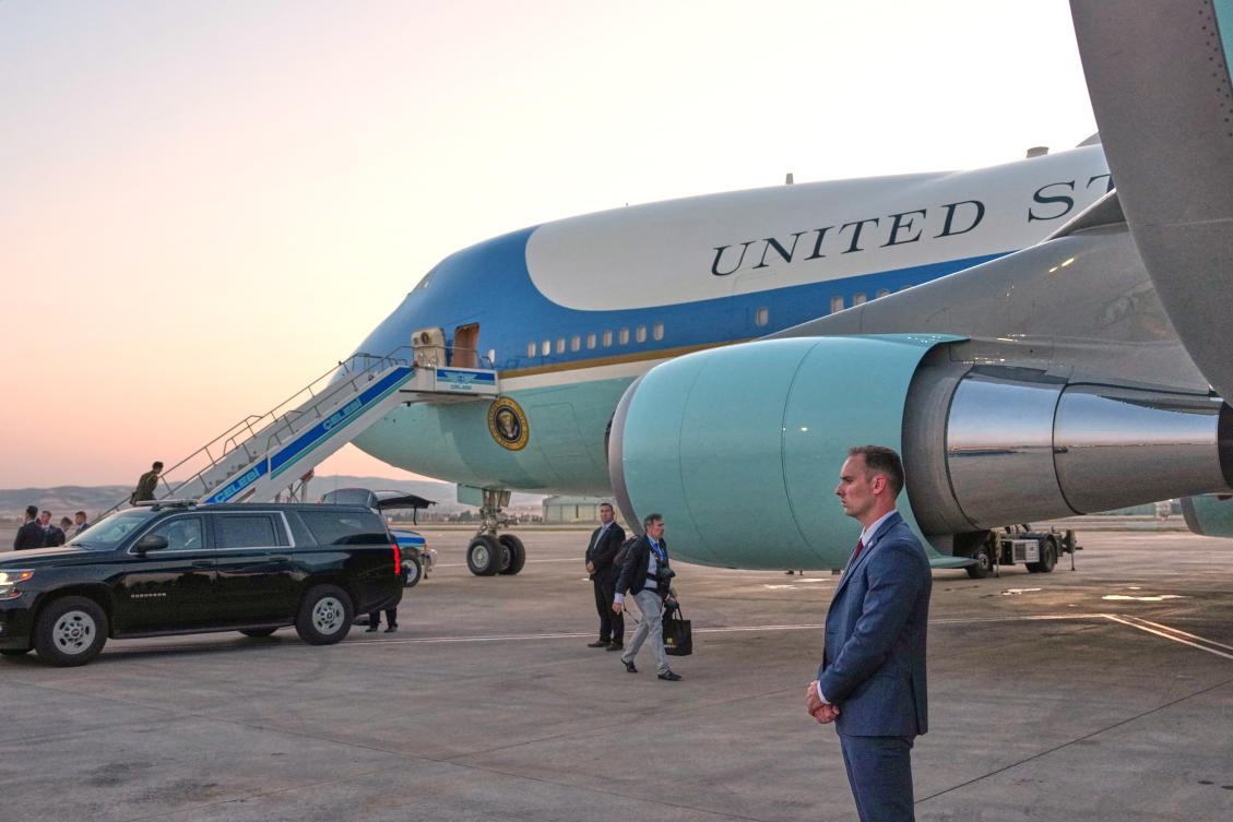 A catering truck is visible parked on the opposite side of Air Force One on the tarmac after US President Donald Trump boarded the plane following the NATO summit in Ankara, Turkiye on July 8, 2026. (AP)