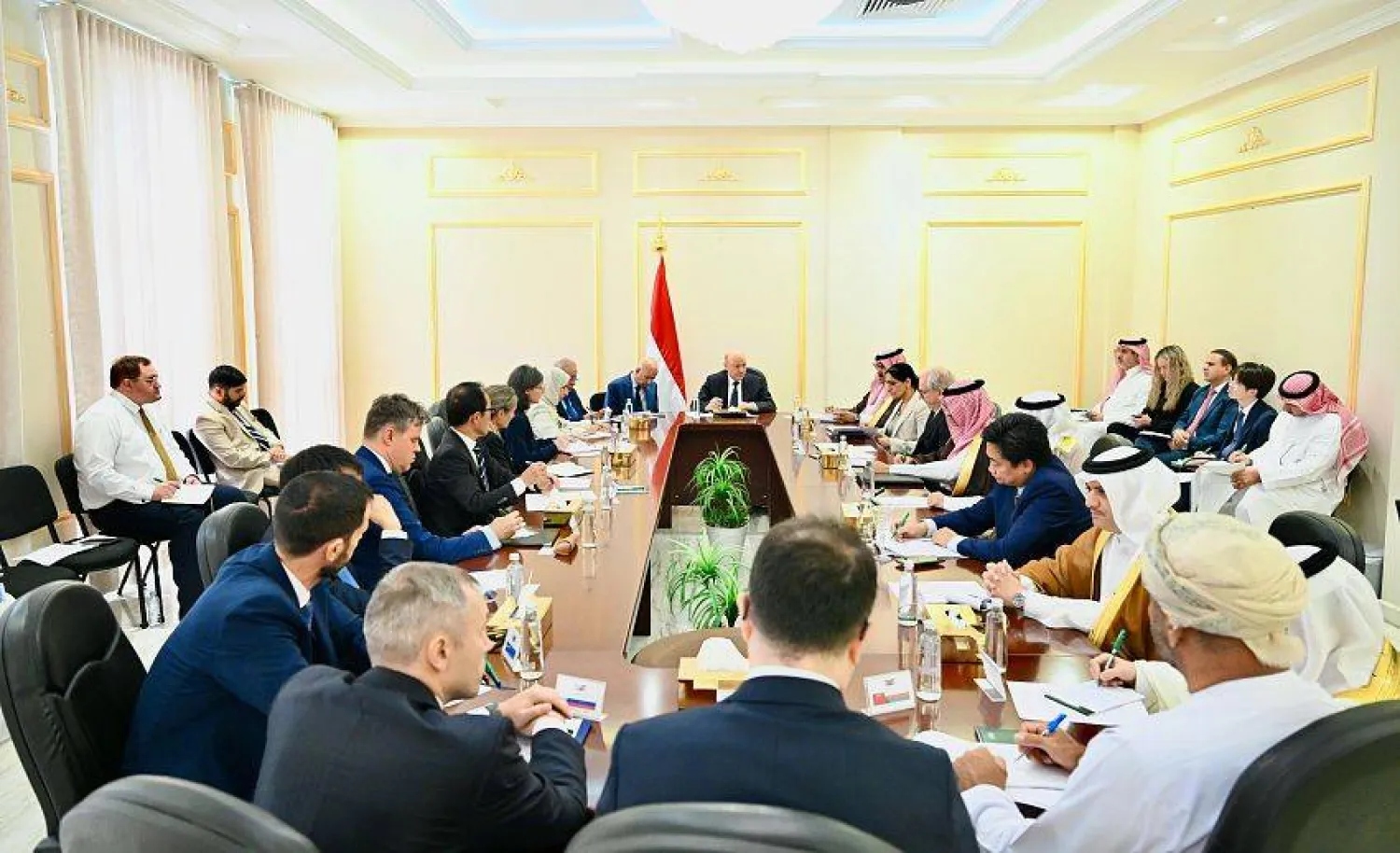 Chairman of Yemen’s Presidential Leadership Council Dr. Rashad al-Alimi meets with the ambassadors of countries sponsoring the political process in Yemen. (Government media)