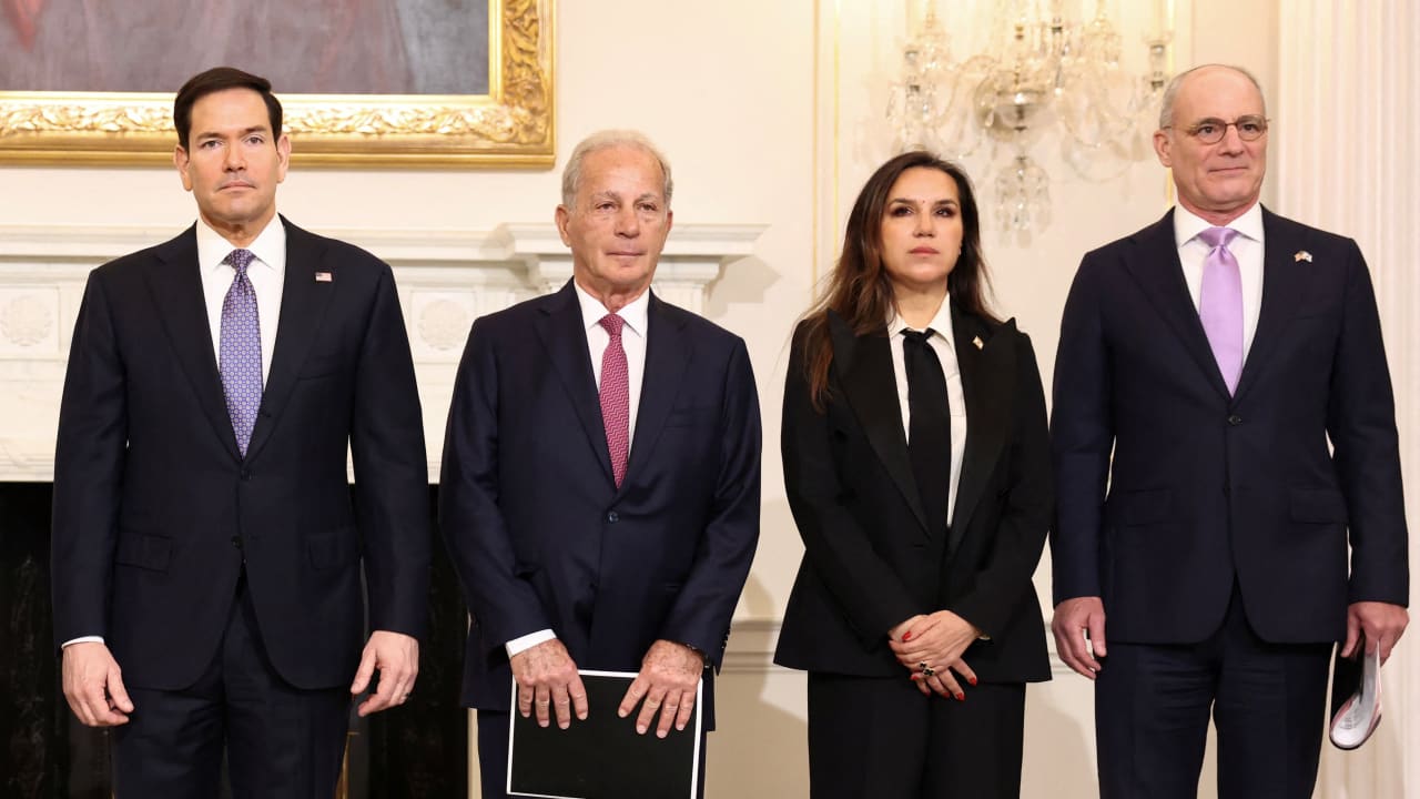 US Secretary of State Marco Rubio, US Ambassador to Lebanon Michel Issa, Lebanon Ambassador to the US Nada Hamadeh Moawad and Israel Ambassador to the US Yechiel Leiter pose for a photo before their meeting at the State Department in Washington, DC, US, April 14, 2026. (File/Reuters)