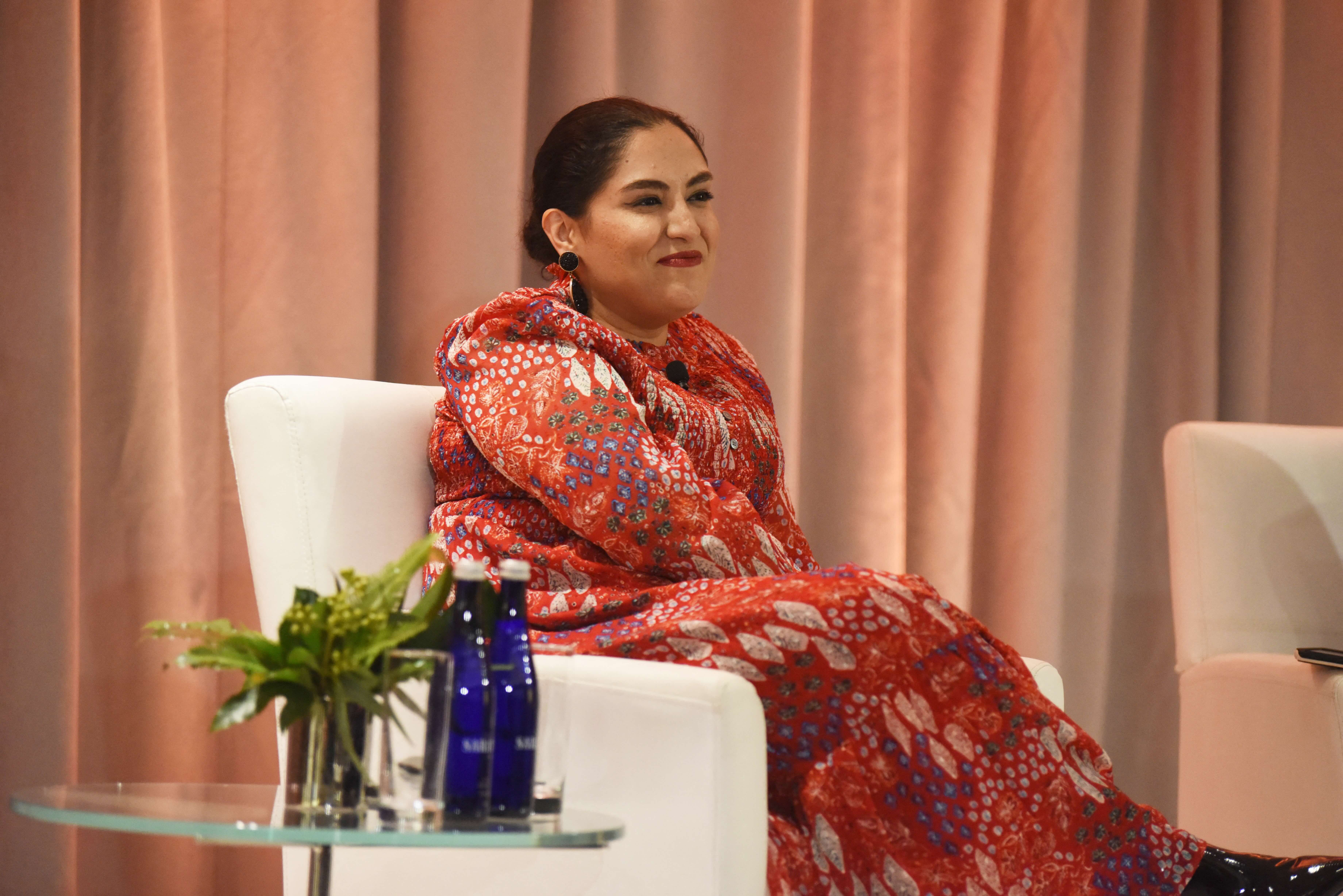 Yalda Moaiery speaks onstage during the International Women's Media Foundation's Courage in Journalism Awards 2023 at Bank of America Tower on October 30, 2023 in New York City. (AFP/File)