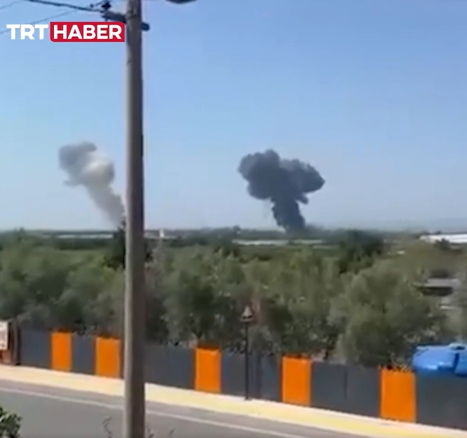 A screengrab taken from a video showing a military F-16 aircraft that crashed on Wednesday, according to Turkiye’s defense ministry, during a training flight in the northwestern Turkish province of Yalova while the pilot ejected and survived the crash. (X/@trthaber)