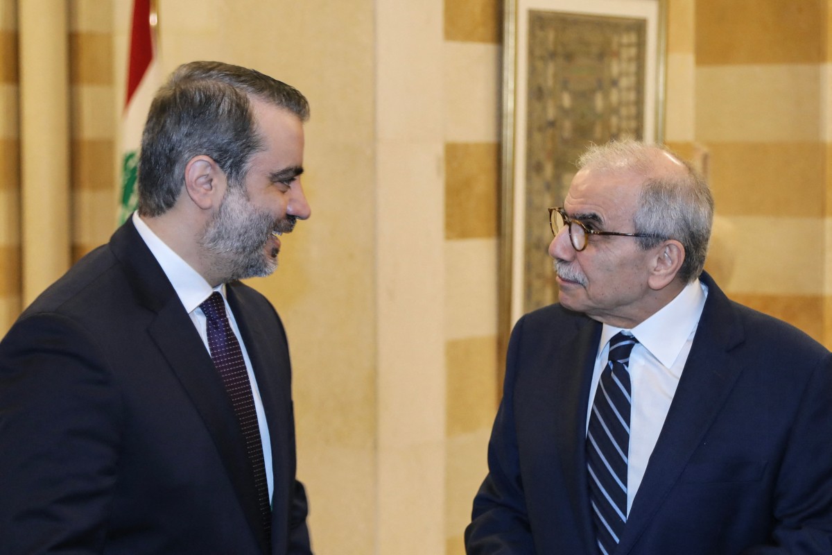 Lebanon's Prime Minister Nawaf Salam (R) meeting with Syria's Foreign Minister Asaad al-Shaibani at the governmental palace in Beirut on July 2, 2026. (AFP)