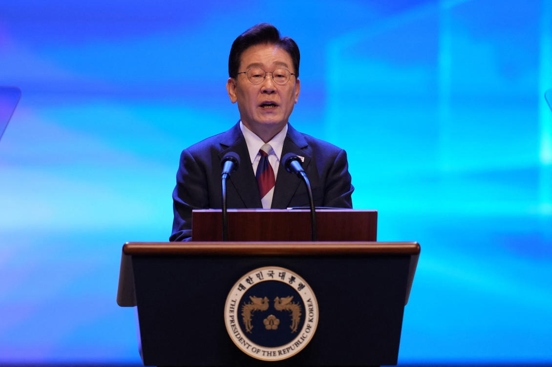 South Korean President Lee Jae Myung speaks during a ceremony to celebrate the 81st anniversary of the Korean Liberation Day in Seoul, South Korea, Saturday, Aug. 15, 2026. Lee Jin-man/Pool via REUTERS