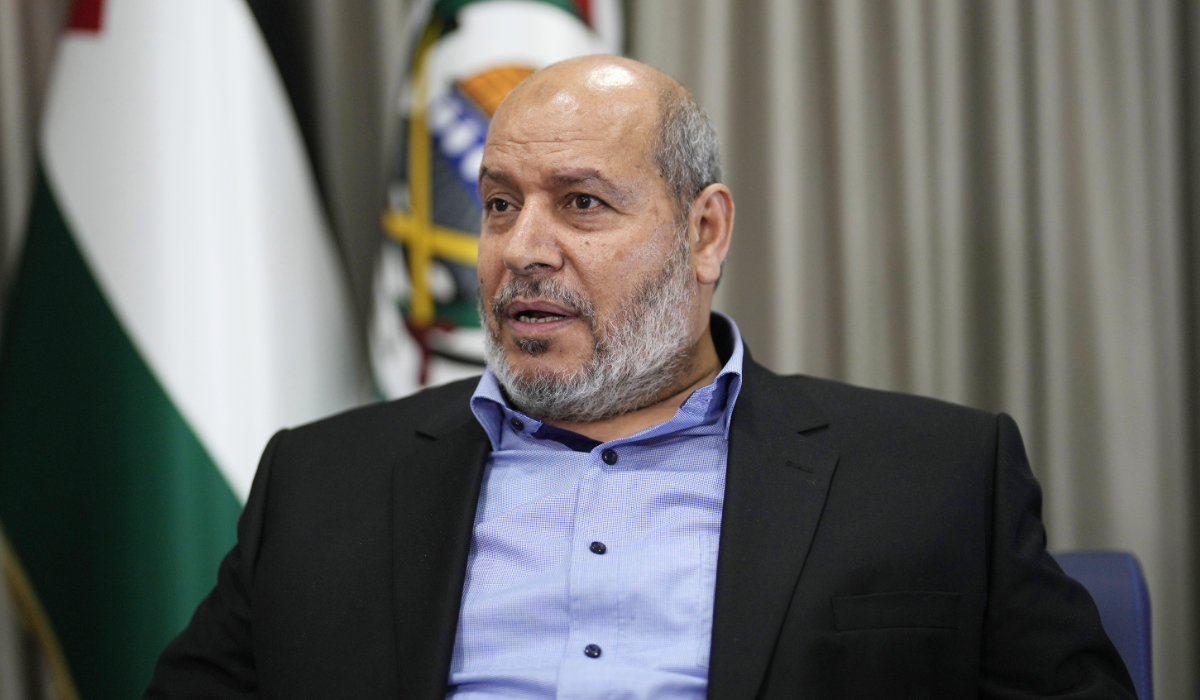 Khalil Al-Hayya, a high-ranking Hamas official who has represented the Palestinian group in negotiations for a cease-fire and hostage exchange deal, speaks during an interview with The Associated Press, in Istanbul, Turkey, on April 24, 2024. (AP)