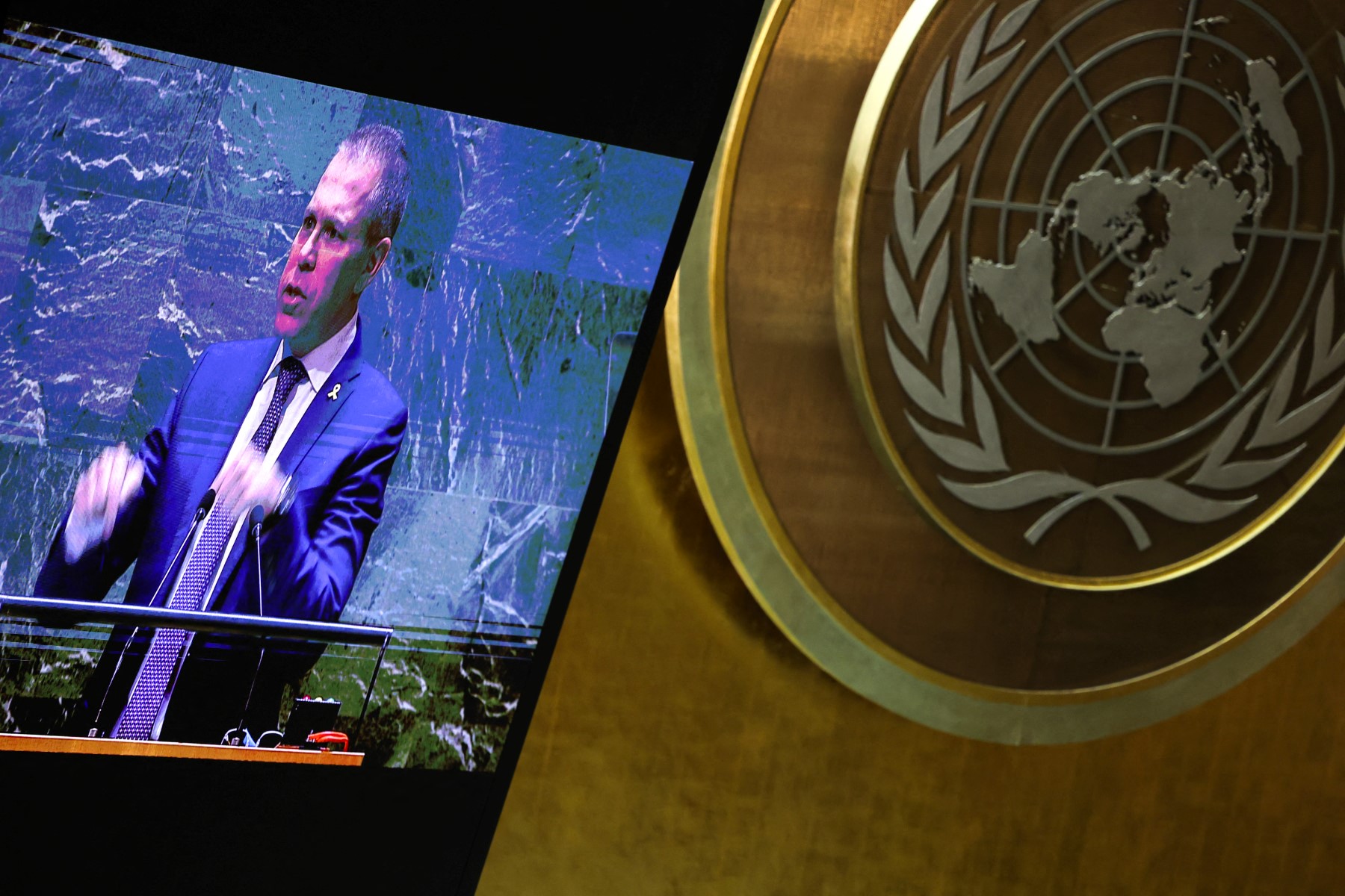 Former Israeli Ambassador to the United Nations Gilad Erdan speaks during a special session of the UN General Assembly regarding the Palestinian bid for full membership to the UN, at UN headquarters in New York City on May 10, 2024. (AFP/File)