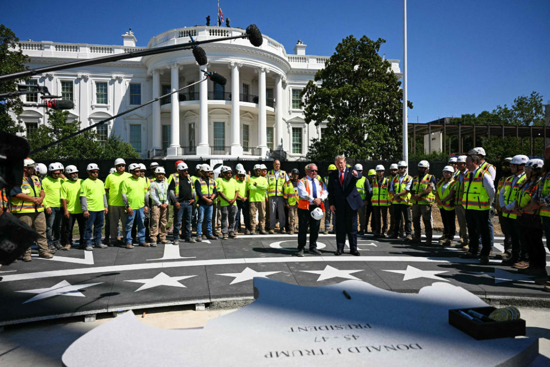 US President Donald Trump visits the construction site of a helipad on the South Lawn of the White House in Washington, DC, on August 19, 2026. (AFP)
