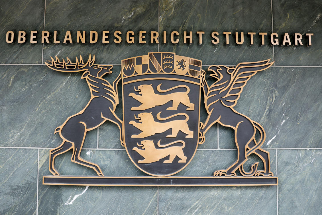 The coat of arms and lettering of the Oberlandesgericht Stuttgart (Stuttgart Higher Regional Court) in Stuttgart, Germany, August 18, 2026. (REUTERS)