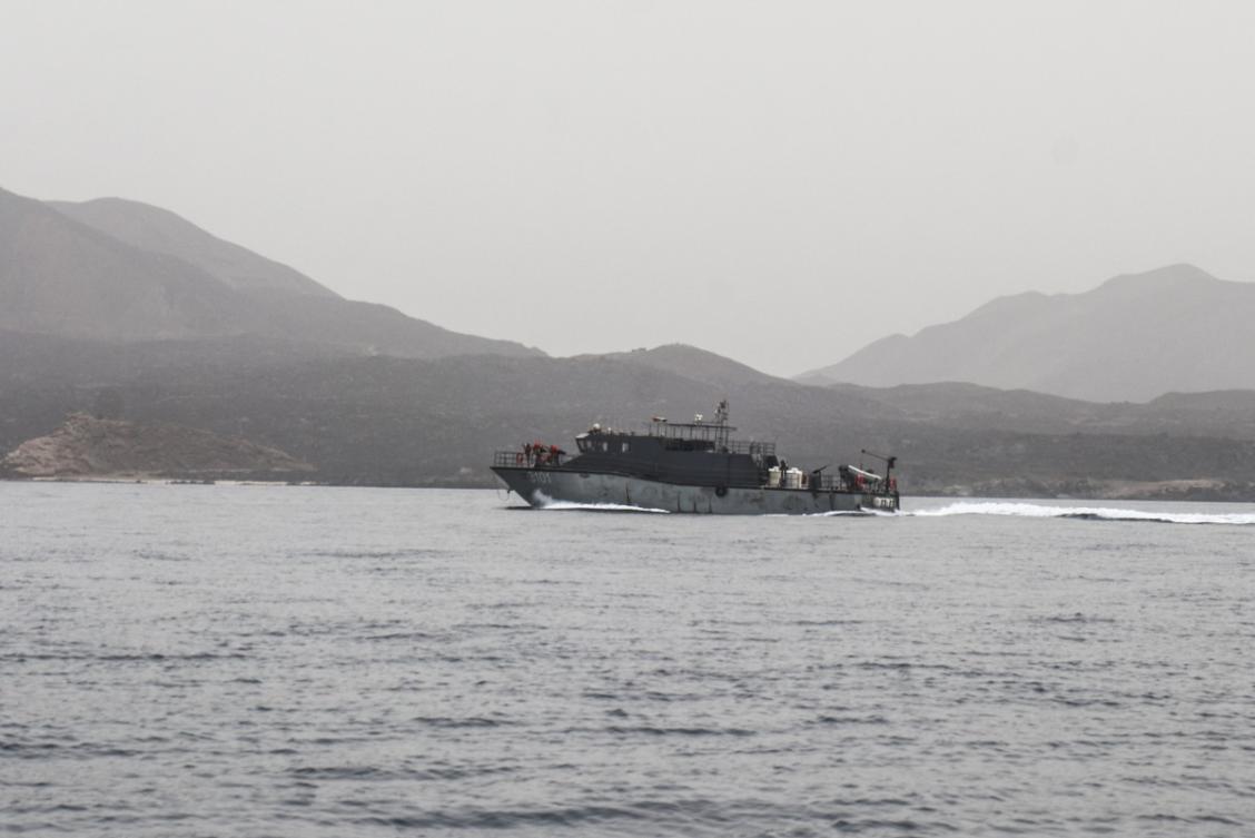 A vessel of the navy of Yemen's Aden-based internationally recognised government patrols a shipping lane off Hanish Island in the Red Sea on July 27, 2026. (File/AFP)