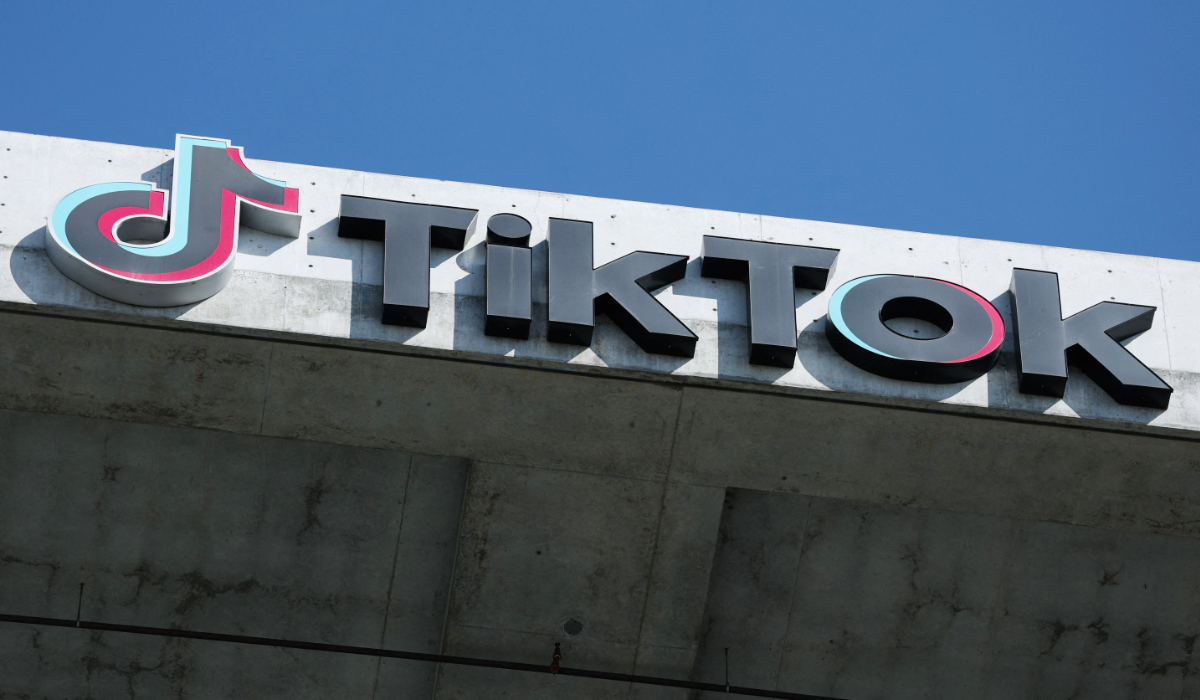 The TikTok logo is displayed on signage outside TikTok social media app company offices in Culver City, California on September 30, 2025. (AFP)