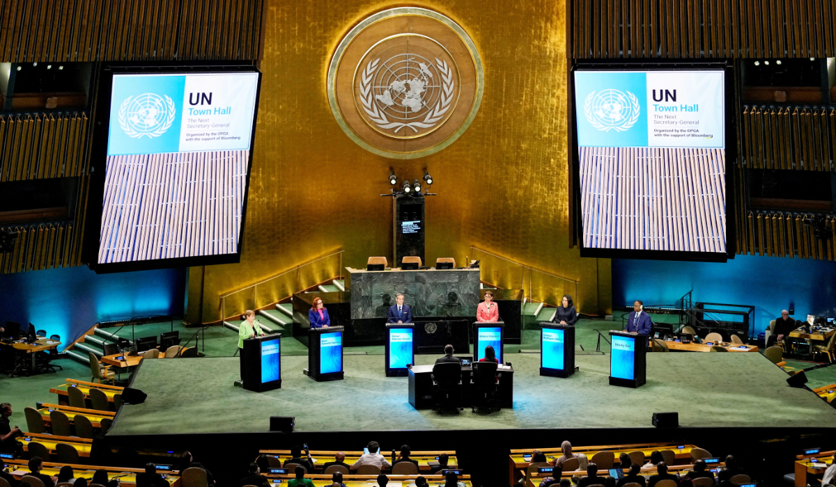 Candidates for the position of United Nations secretary-general, Michelle Bachelet, Maria Fernanda Espinosa Garces, Rafael Mariano Grossi, Rebeca Grynspan Mayufis, Carolyn Rodrigues Birkett and Macky Sall participate in the "UN Town Hall: The Next Secretary-General" event at United Nations headquarters in New York City, US, July 23, 2026. (REUTERS)
