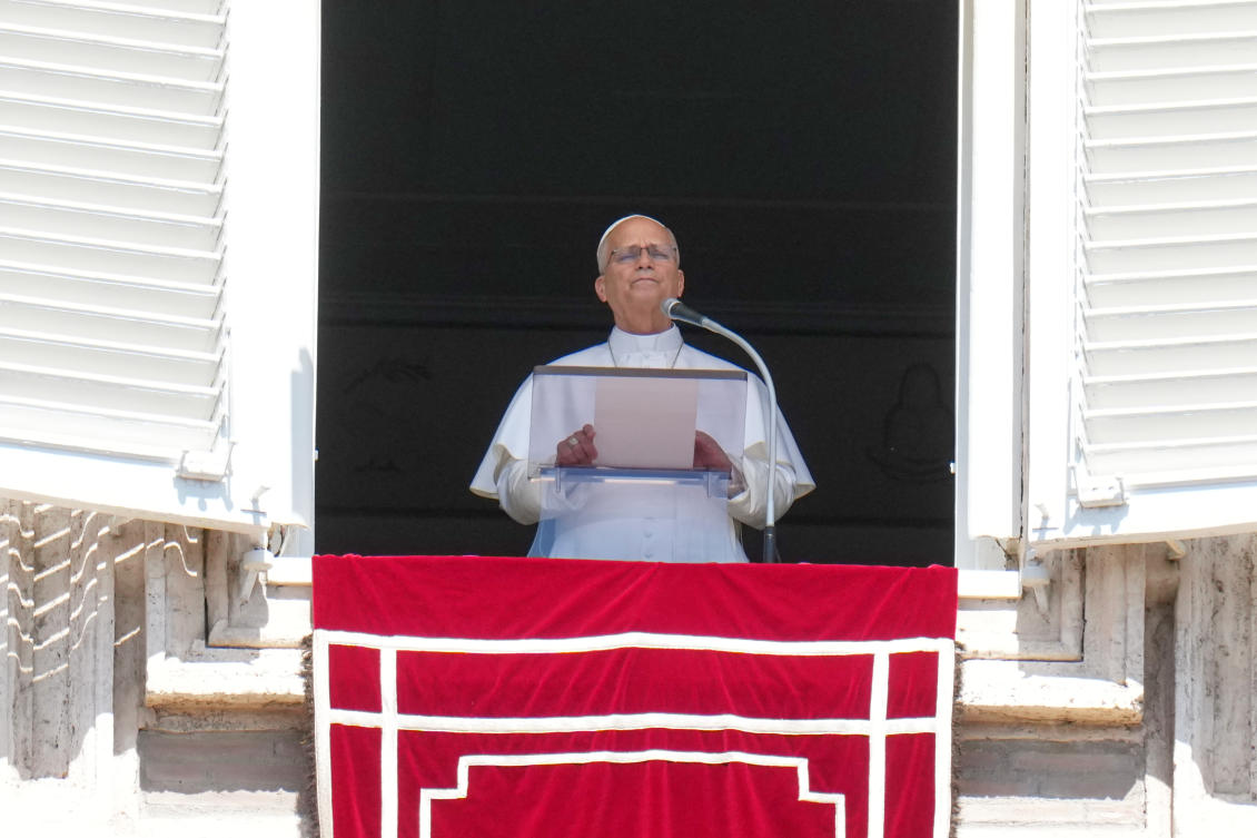 Pope Leo XIV delivers the Angelus noon prayer in St. Peter's Square, at the Vatican, Sunday, Aug. 23, 2026. (AP Photo/Gregorio Borgia)