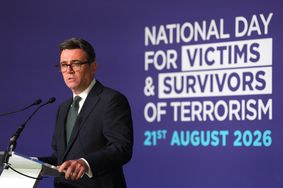 UK Prime Minister Andy Burnham delivers closing remarks at an event in central London to mark the first National Day for Victims and Survivors of Terrorism, Aug. 21, 2026. (AFP)